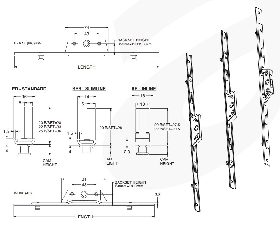 Inline Espag Lock 20mm Backset 1000mm